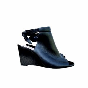 Kate Spade Bow Leather Open Peep Toe High Heel Wedge Dress Sandal Black Women 10